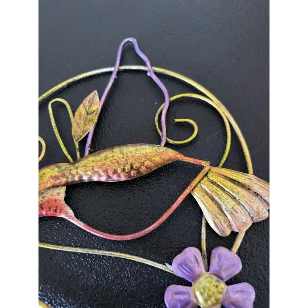 Hummingbird Metal Hanging Handcrafted Metal Art 7 in Gold Purple Red Age Unknown